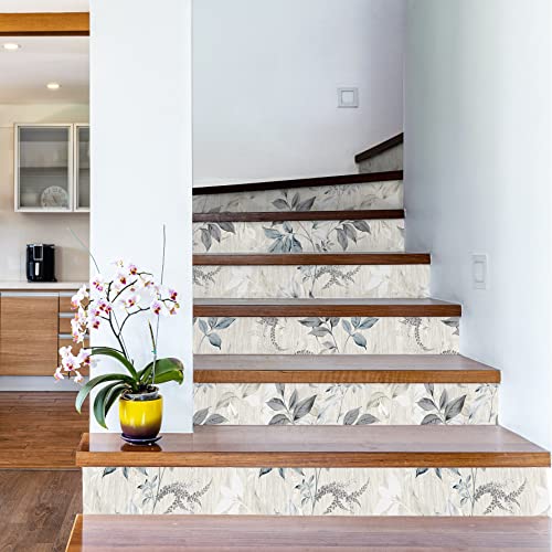 Wallercity Gray and Blue Leaves Wallpaper Vintage Black Olive Leaf Peel and Stick Wallpaper Vinyl Self Adhesive Removable Floral Wallpapers 17.5" x 78.7" Retro Leaf Contact Paper for Desk Shelf Liner - Image 5