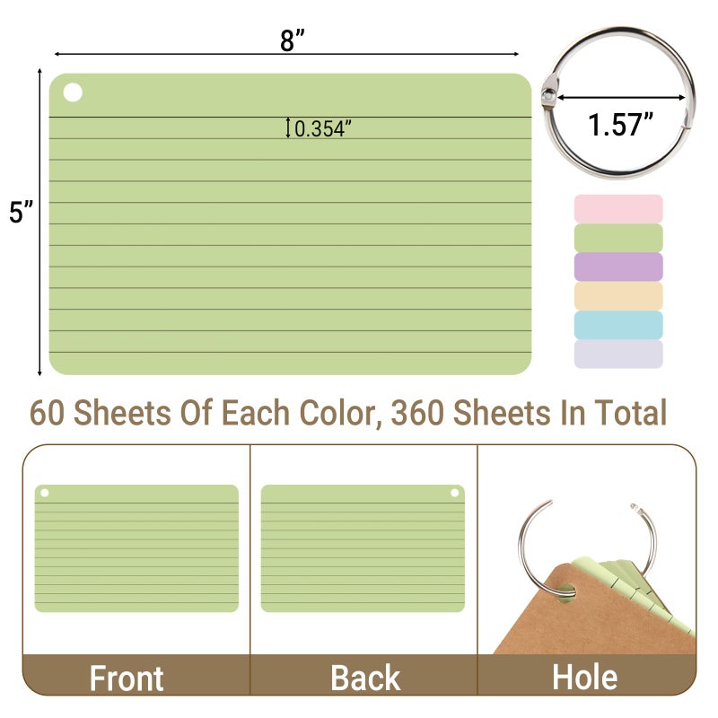 zmybcpack 6 Pack 360 Pcs Lined Index Cards 5 x 8 Inches, Assorted Colored Flash Cards with Ring, Lined Note Cards Study Flashcards for School, Office, College - Image 2
