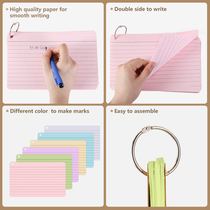 zmybcpack 6 Pack 360 Pcs Lined Index Cards 5 x 8 Inches, Assorted Colored Flash Cards with Ring, Lined Note Cards Study Flashcards for School, Office, College - Image 3