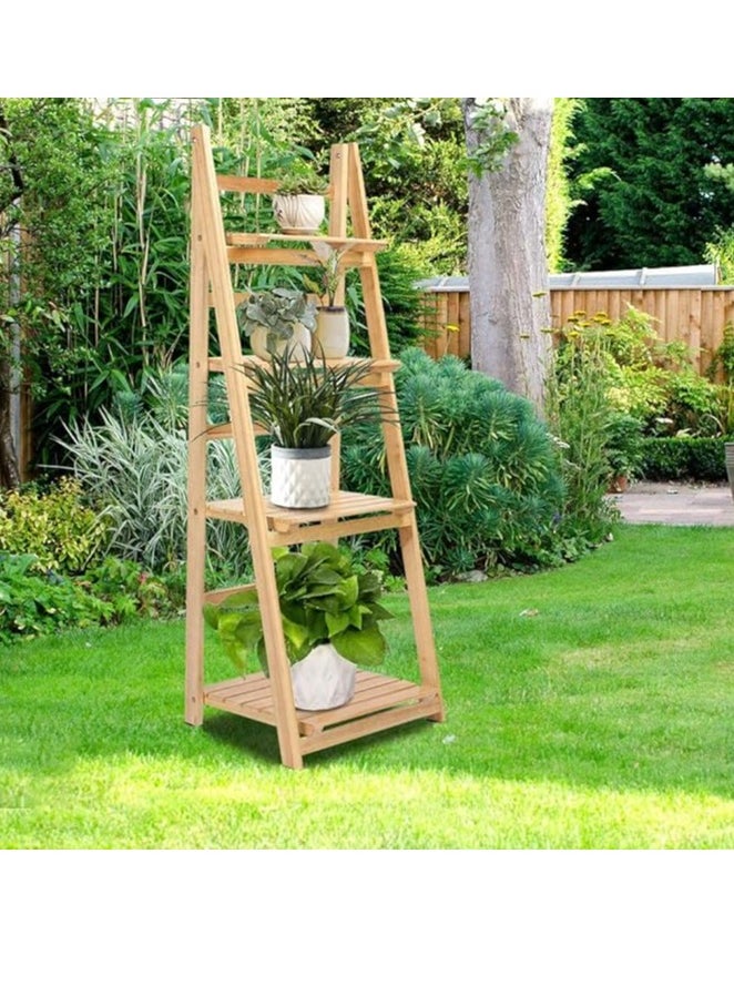 HOME TASTE - 4-Tier Wooden Ladder Plant Stand - Foldable Display Shelf For Flowers And Plants - Indoor Corner Storage Shelves With Free Installation - Stylish Bookshelf For Garden,Balcony (Natural) - Image 1