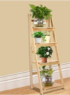 4-Tier Wooden Ladder Plant Stand - Foldable Display Shelf For Flowers And Plants - Indoor Corner Storage Shelves With Free Installation - Stylish Bookshelf For Garden,Balcony (Natural)