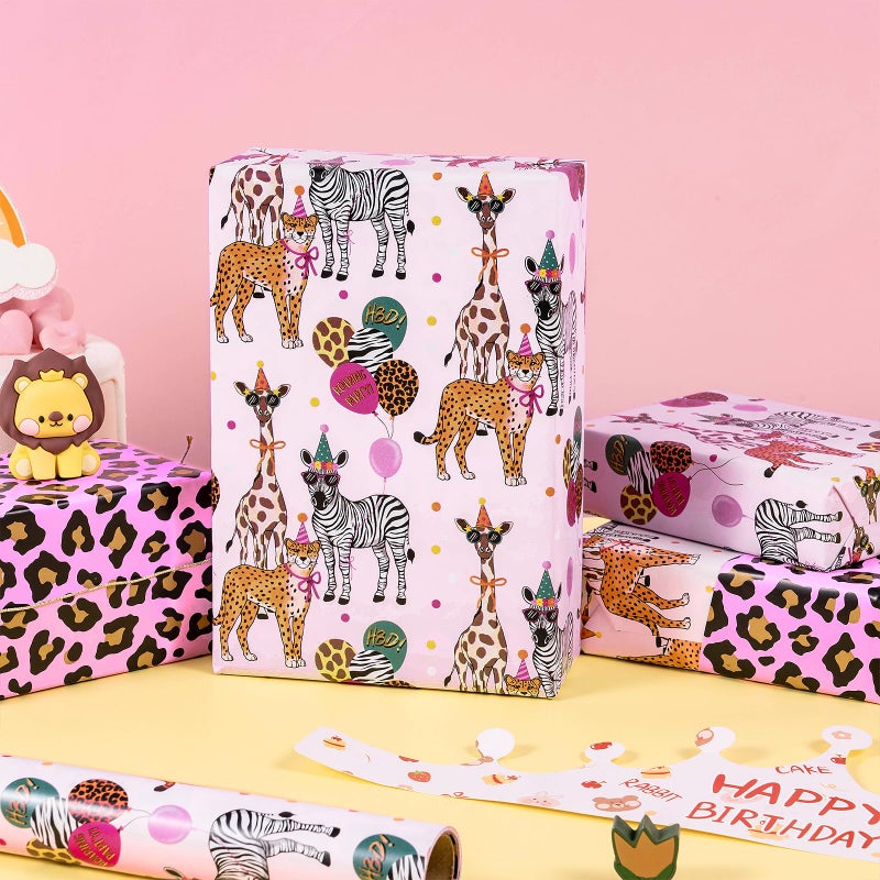 RUSPEPA Reversible Birthday Wrapping Paper Roll, Mini Roll, Safari Animals Party Design & Pink Leopard Print Gift Wrap for Girls Birthday Party, Baby Shower, 17 Inches x 16.4 Feet - Image 3