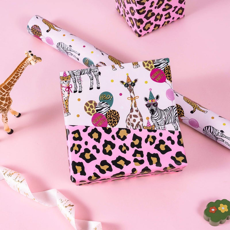 RUSPEPA Reversible Birthday Wrapping Paper Roll, Mini Roll, Safari Animals Party Design & Pink Leopard Print Gift Wrap for Girls Birthday Party, Baby Shower, 17 Inches x 16.4 Feet - Image 4