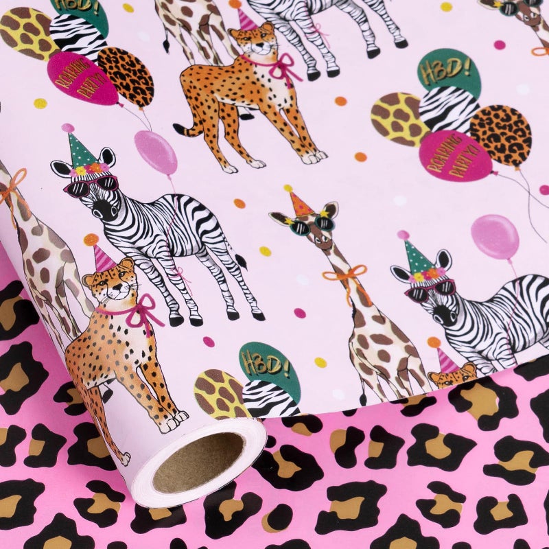 RUSPEPA Reversible Birthday Wrapping Paper Roll, Mini Roll, Safari Animals Party Design & Pink Leopard Print Gift Wrap for Girls Birthday Party, Baby Shower, 17 Inches x 16.4 Feet - Image 2
