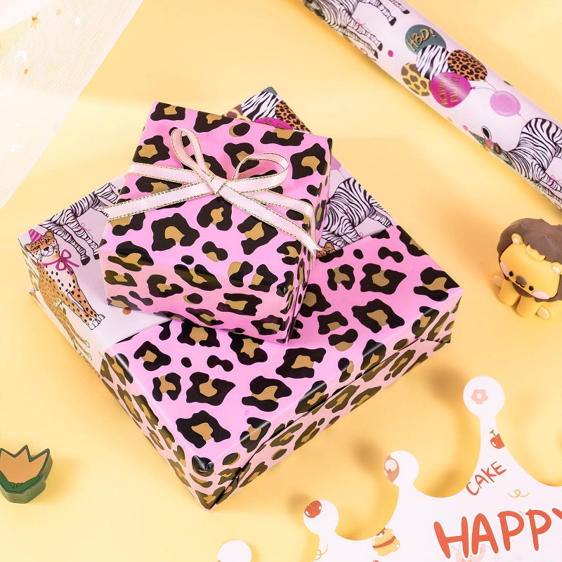 RUSPEPA Reversible Birthday Wrapping Paper Roll, Mini Roll, Safari Animals Party Design & Pink Leopard Print Gift Wrap for Girls Birthday Party, Baby Shower, 17 Inches x 16.4 Feet - Image 5