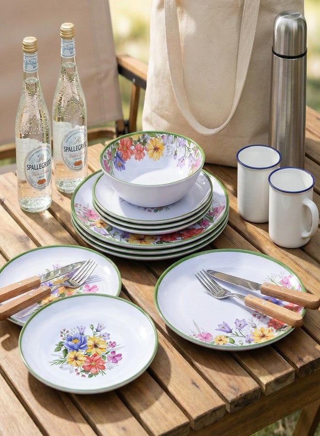 Lechoo 12 Piece Floral Melamine Dinnerware Sets, Green Camping Dishes Set, Spring Lightweight Plates and Bowls Sets, Service for 4, Unbreakable Dishwasher Safe Dish Set for Indoor & Outdoor Use - Image 5