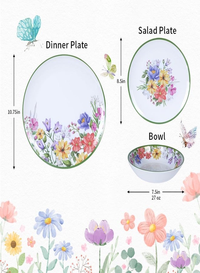 Lechoo 12 Piece Floral Melamine Dinnerware Sets, Green Camping Dishes Set, Spring Lightweight Plates and Bowls Sets, Service for 4, Unbreakable Dishwasher Safe Dish Set for Indoor & Outdoor Use - Image 2