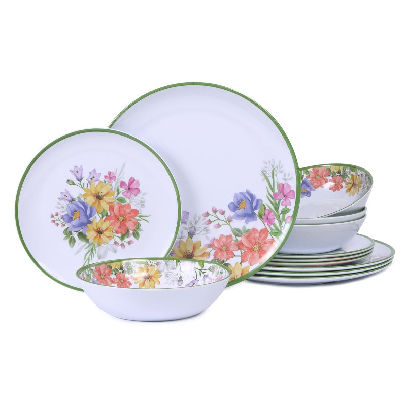 Lechoo 12 Piece Floral Melamine Dinnerware Sets, Green Camping Dishes Set, Spring Lightweight Plates and Bowls Sets, Service for 4, Unbreakable Dishwasher Safe Dish Set for Indoor & Outdoor Use - Image 1