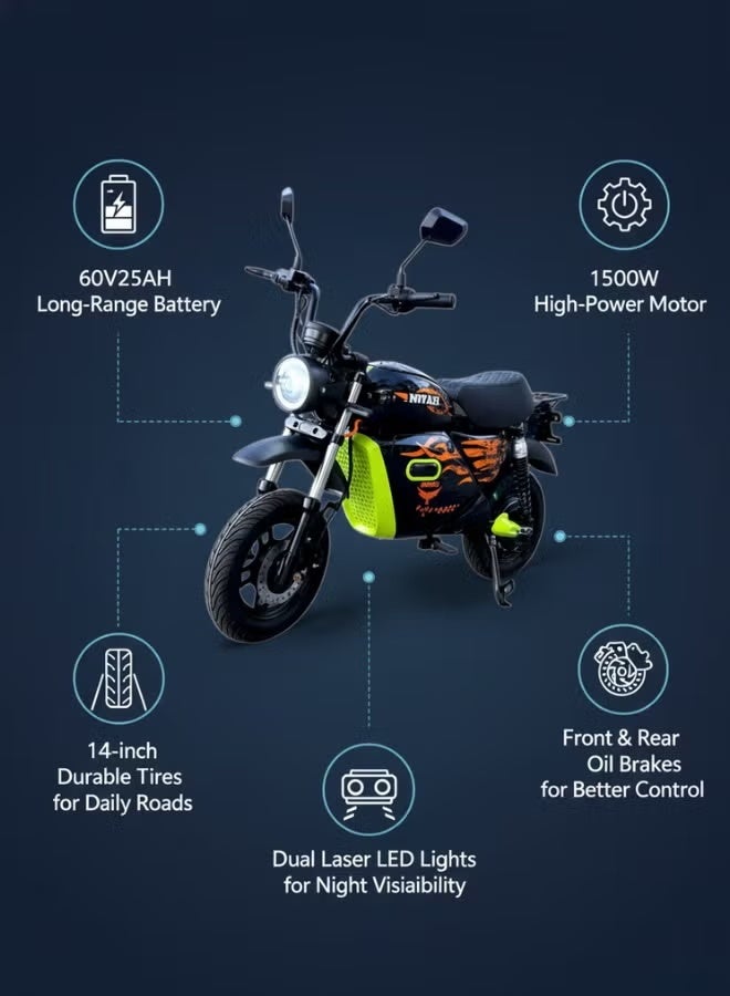 An electric scooter for adults built for strong daily performance, featuring a 60V25AH battery for extended riding time and a powerful 1500W motor for fast acceleration and stable control. Equipped with wide 14-inch tubeless tires designed for durability, along with dual laser headlights for clear night visibility.  It supports key or remote start, reaches speeds up to 99, includes oil brakes, full front and rear signal lights, metal side supports, and gel suspension for comfortable riding. A reliable option for adults who need a sturdy and  practical daily-use scooter.  Product Condition (Assembly): The scooter arrives largely assembled and requires only a few simple final assembly steps by the customer to ensure it is protected from breakage during shipping.  Available Colors: Due to the wide variety of colors and constantly updated inventory, the color available at the time of order will be shipped. We guarantee that all our colors are carefully selected to meet your expectations. - Image 2