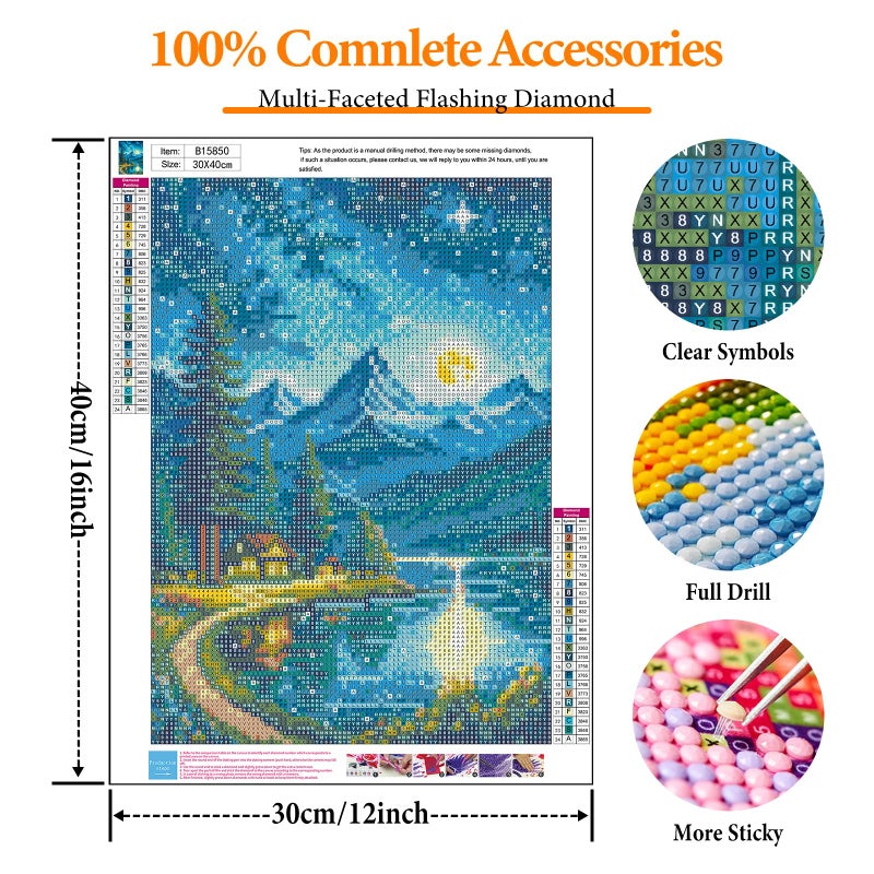 Offito Mountains Moon Lake Diamond Art Kits for Adults, Lakeside Villages Diamond Painting Kits for Beginners, Starry Sky Landscape DIY Full Drill Dots Gem Art Paint for Home Wall Decor 12 x 16 Inch - Image 4