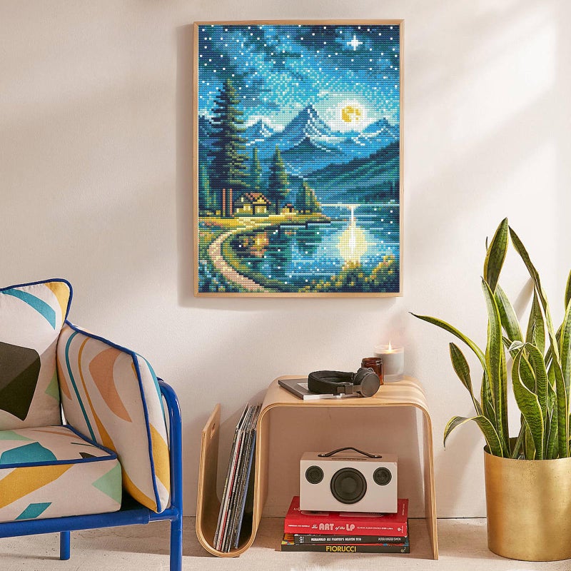 Offito Mountains Moon Lake Diamond Art Kits for Adults, Lakeside Villages Diamond Painting Kits for Beginners, Starry Sky Landscape DIY Full Drill Dots Gem Art Paint for Home Wall Decor 12 x 16 Inch - Image 3