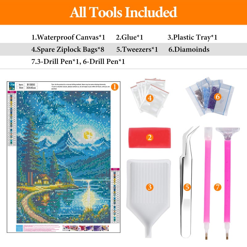 Offito Mountains Moon Lake Diamond Art Kits for Adults, Lakeside Villages Diamond Painting Kits for Beginners, Starry Sky Landscape DIY Full Drill Dots Gem Art Paint for Home Wall Decor 12 x 16 Inch - Image 5