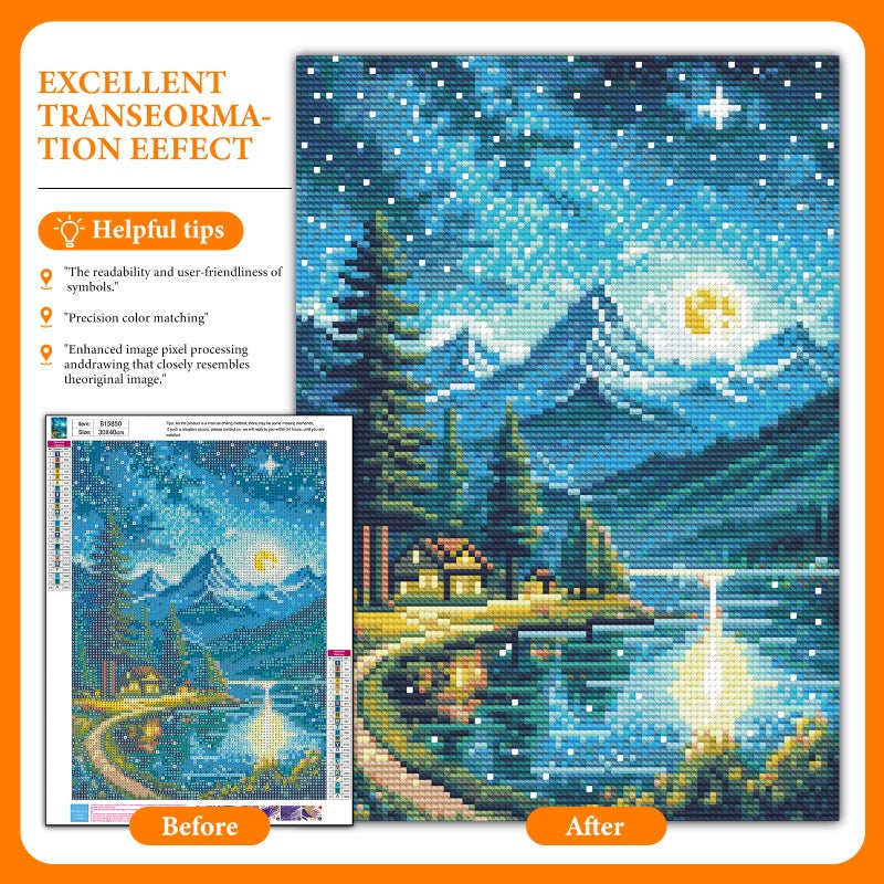 Offito Mountains Moon Lake Diamond Art Kits for Adults, Lakeside Villages Diamond Painting Kits for Beginners, Starry Sky Landscape DIY Full Drill Dots Gem Art Paint for Home Wall Decor 12 x 16 Inch - Image 2