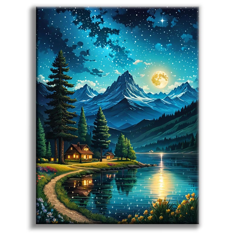 Offito Mountains Moon Lake Diamond Art Kits for Adults, Lakeside Villages Diamond Painting Kits for Beginners, Starry Sky Landscape DIY Full Drill Dots Gem Art Paint for Home Wall Decor 12 x 16 Inch - Image 1