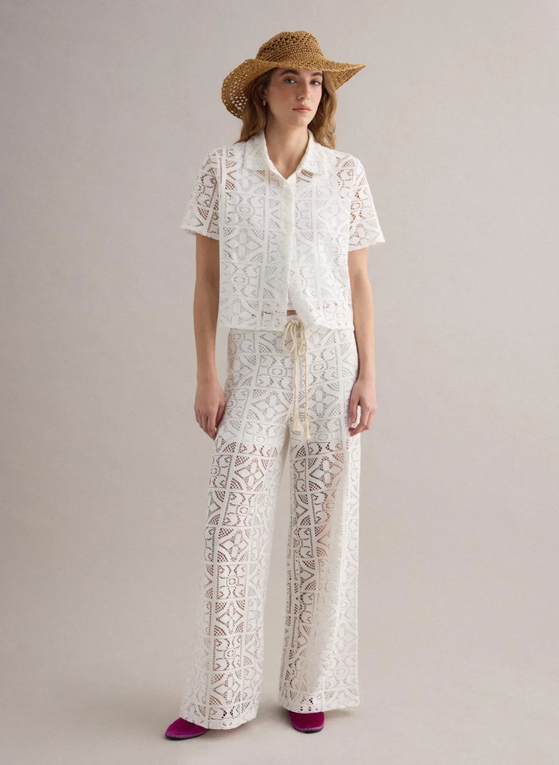 او في اس OVS White Openwork Wide-Leg Trousers With Elasticated Waistband
