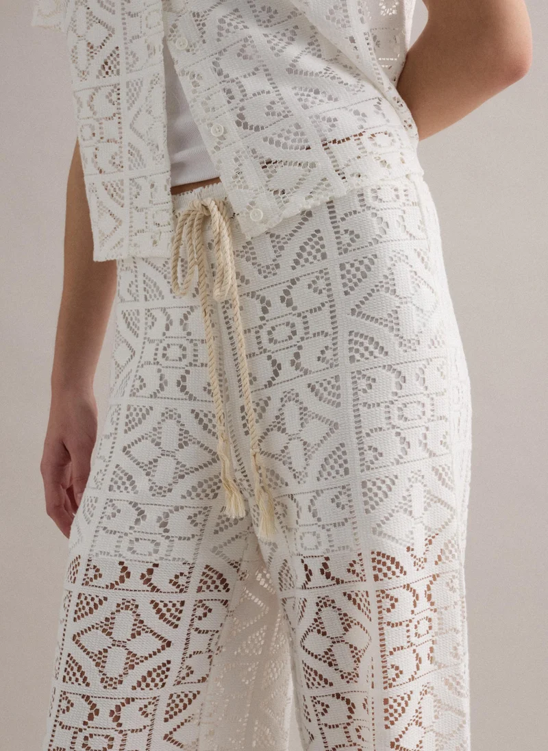 Ovs  OVS White Openwork Wide-Leg Trousers With Elasticated Waistband for Women | Best Price UAE