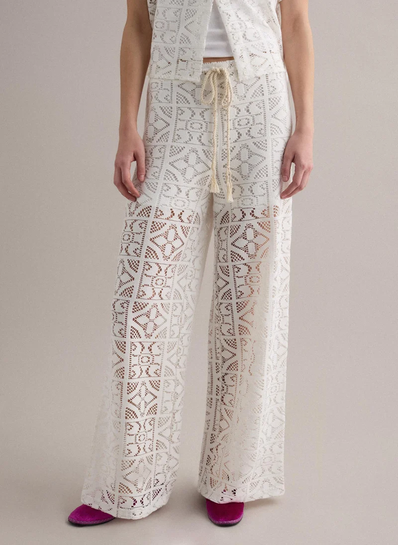 او في اس OVS White Openwork Wide-Leg Trousers With Elasticated Waistband
