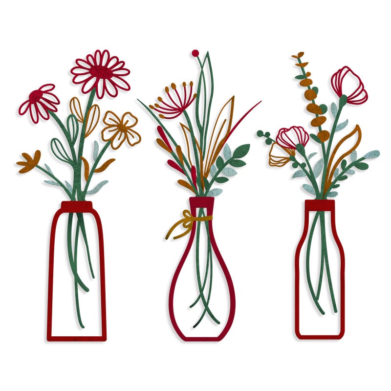 Pigort 3 Pieces Metal Vase Flowers Wall Arts - Rustic Farmhouse Style DÃ©cor Metal Wall Art Black Minimalist Flower Natural Themed Wall Decors for Home Bedroom Dining Room Housewarming (Red, Vase-C) - Image 1