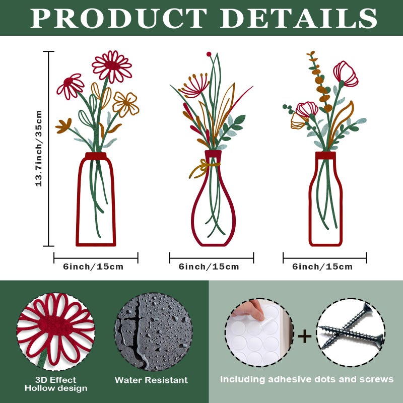 Pigort 3 Pieces Metal Vase Flowers Wall Arts - Rustic Farmhouse Style DÃ©cor Metal Wall Art Black Minimalist Flower Natural Themed Wall Decors for Home Bedroom Dining Room Housewarming (Red, Vase-C) - Image 2