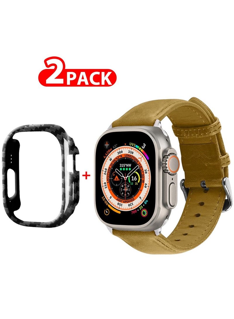 CATANES 2 Packs For Apple Watch Band 49mm Leather Band Buckle Strap Wristband and Carbon Fiber Cup Holder Brown - Image 1