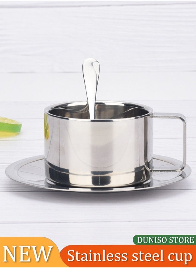 DUNISO Coffee Cup Set, Stainless Steel Espresso Cup, Portable Tea Cup，With Plate And Spoon, Used For Latte, Cappuccino, Milk, Tea, 200ml, 8 * 5.5cm, Silver  - Image 1