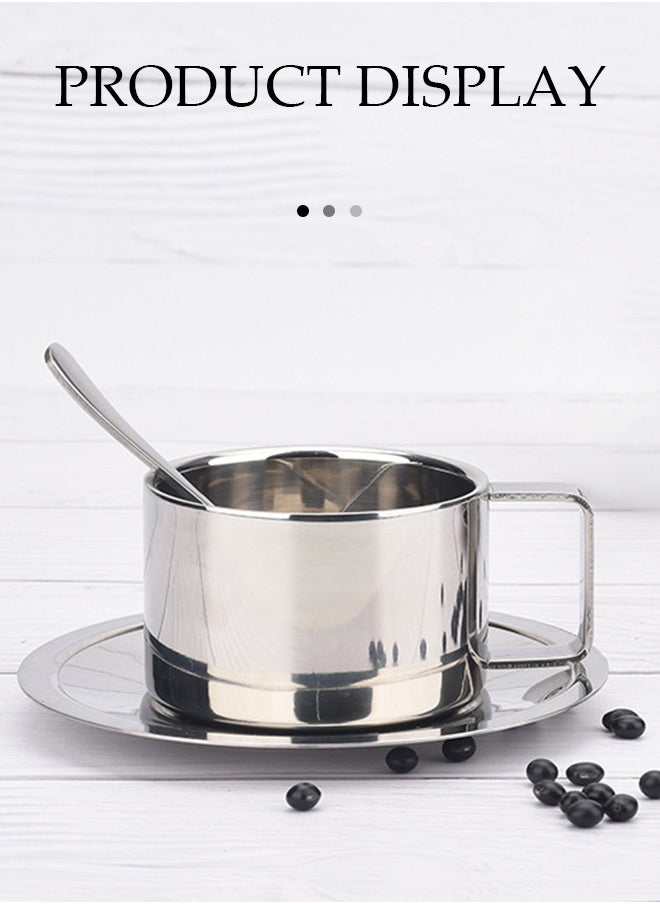 DUNISO Coffee Cup Set, Stainless Steel Espresso Cup, Portable Tea Cup，With Plate And Spoon, Used For Latte, Cappuccino, Milk, Tea, 200ml, 8 * 5.5cm, Silver  - Image 3