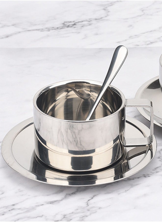 DUNISO Coffee Cup Set, Stainless Steel Espresso Cup, Portable Tea Cup，With Plate And Spoon, Used For Latte, Cappuccino, Milk, Tea, 200ml, 8 * 5.5cm, Silver  - Image 5
