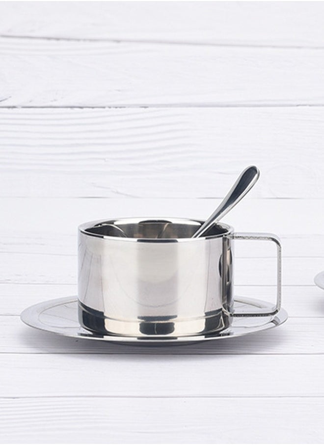 DUNISO Coffee Cup Set, Stainless Steel Espresso Cup, Portable Tea Cup，With Plate And Spoon, Used For Latte, Cappuccino, Milk, Tea, 200ml, 8 * 5.5cm, Silver  - Image 4