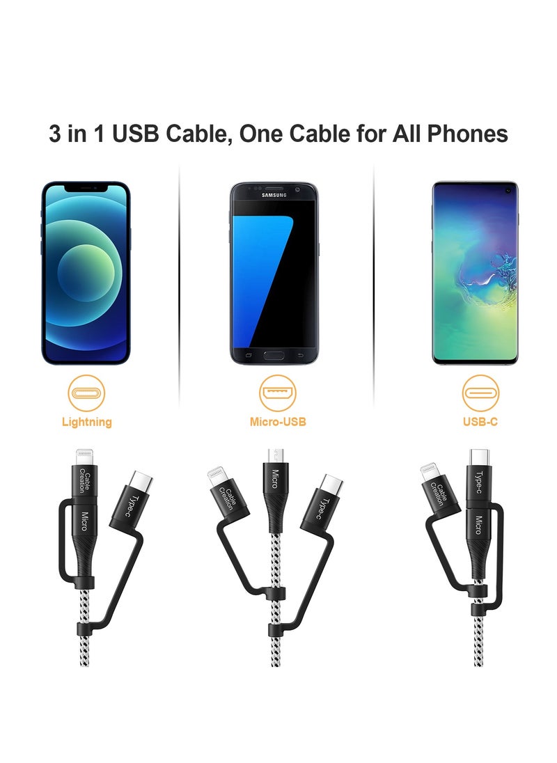 كابل بيانات USB مضفر متعدد الوظائف 3 في 1 سريع من النوع C مع Micro وLightning معتمد من MFI، بطول 1.2 متر