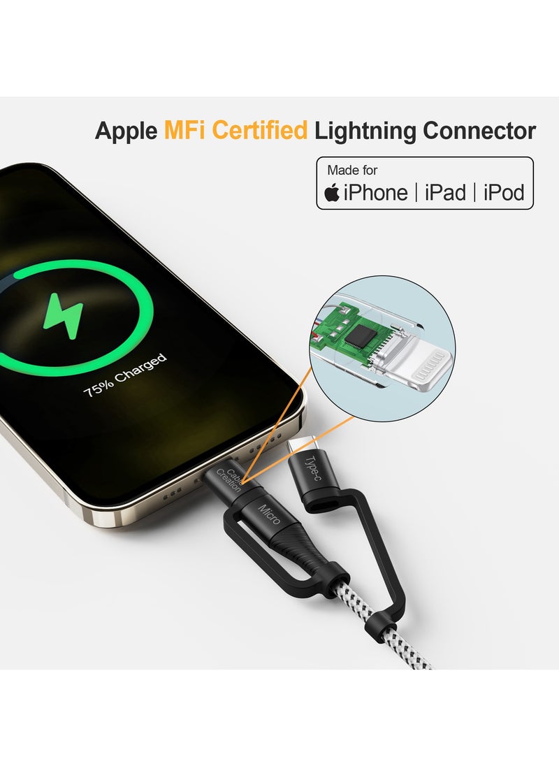 كابل بيانات USB مضفر متعدد الوظائف 3 في 1 سريع من النوع C مع Micro وLightning معتمد من MFI، بطول 1.2 متر