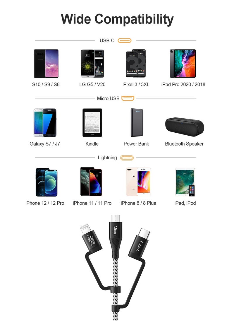 كابل بيانات USB مضفر متعدد الوظائف 3 في 1 سريع من النوع C مع Micro وLightning معتمد من MFI، بطول 1.2 متر