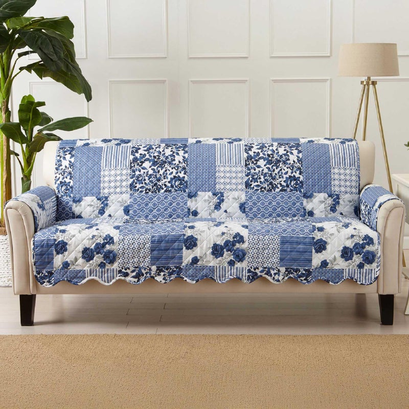 Great Bay Home Great Bay Home Patchwork Scalloped Printed Furniture Protector Stain Resistant Sofa Cover Sofa Navy 