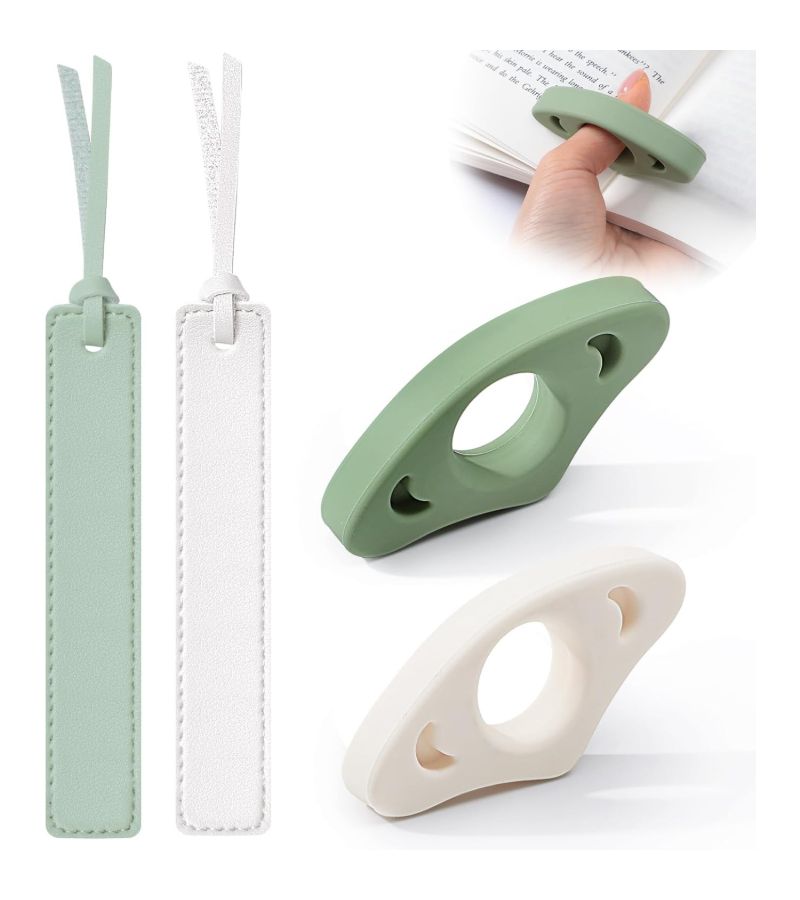 2pcs White Book Page Holder Set With Silicone Thumb Bookmark And Stitched Leather Bookmark For Readers - Image 1