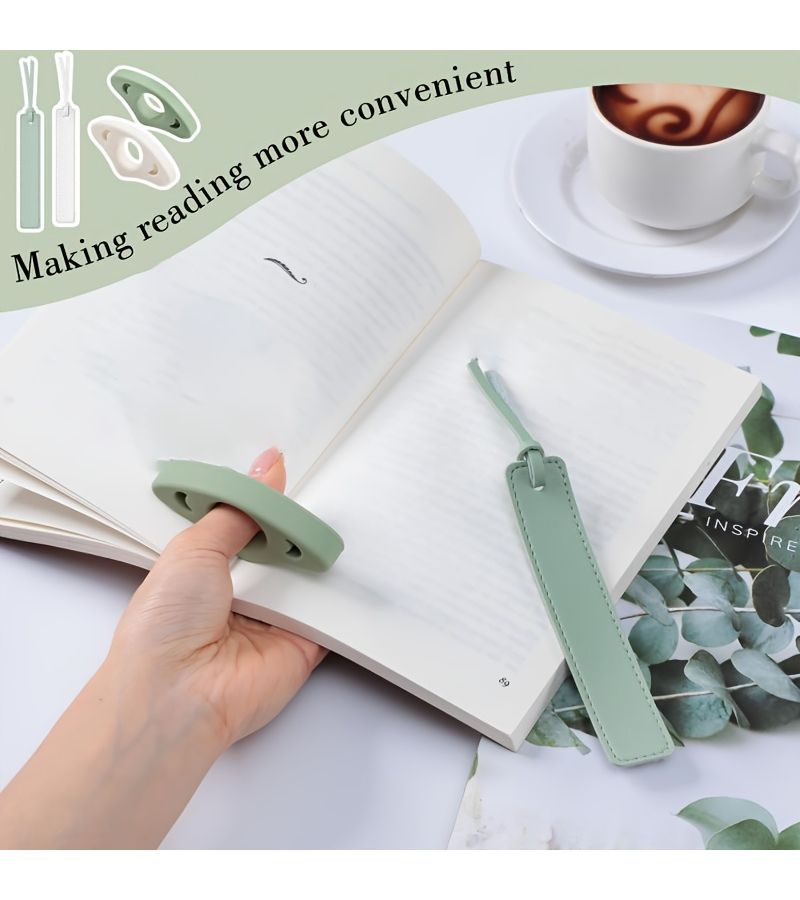 2pcs White Book Page Holder Set With Silicone Thumb Bookmark And Stitched Leather Bookmark For Readers - Image 4