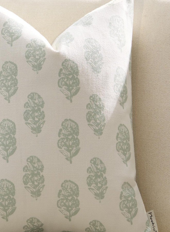 Meekio Set of 2 Pale Sage Floral Block Print Pillow Covers 18 x 18 inches Linen Throw Pillow Covers for Sofa Couch Decor - Image 4