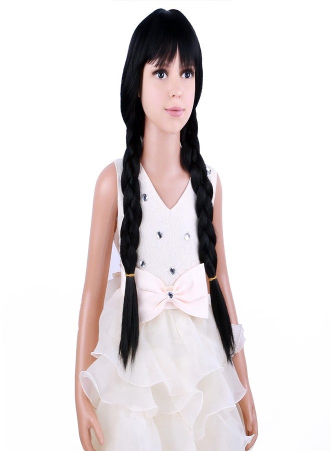 PATTNIUM Girls Kids Black Wig Long Straight Black Braided Wig with Bangs Child Cosplay Synthetic Wig with Wig Cap - Image 4