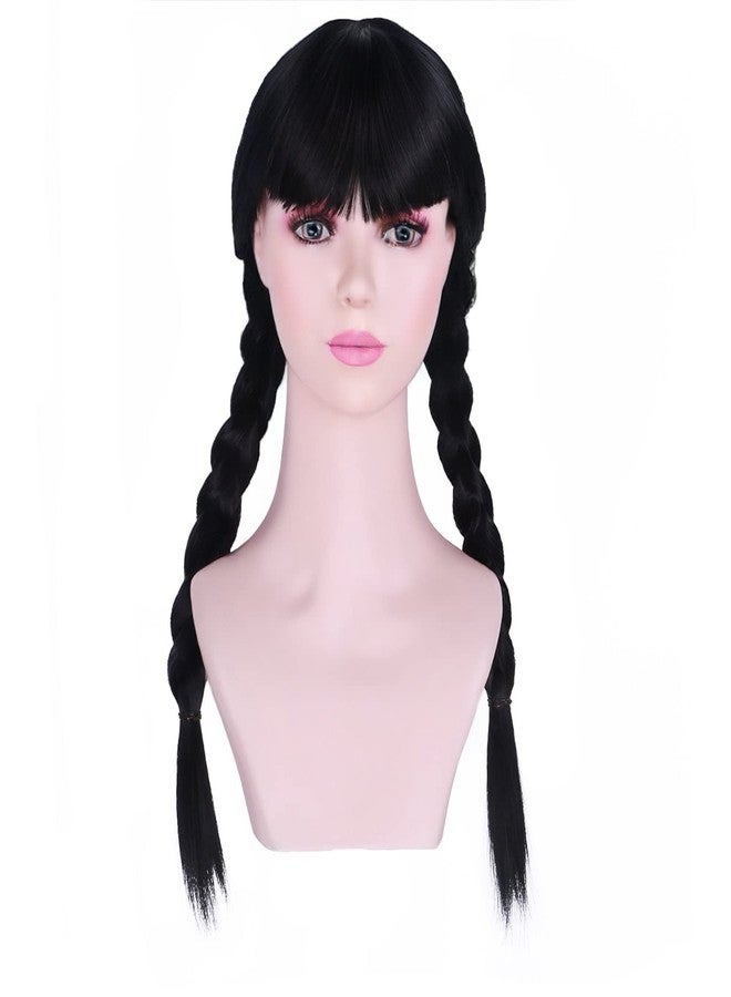 PATTNIUM Girls Kids Black Wig Long Straight Black Braided Wig with Bangs Child Cosplay Synthetic Wig with Wig Cap - Image 1