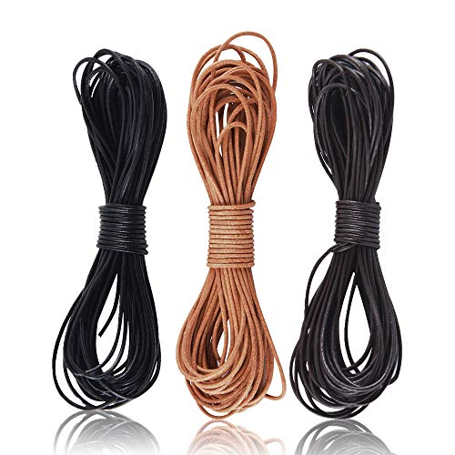 SOSMAR 3 Rolls 5.5 Yard X 3MM Cowhide Round Leather Cords Rope String for Jewelry Making Bracelet Necklace Jewelry Making Lanyards DIY Crafts, Black, Dark Brown, Natural Brown Genuine Leather Cord - Image 1