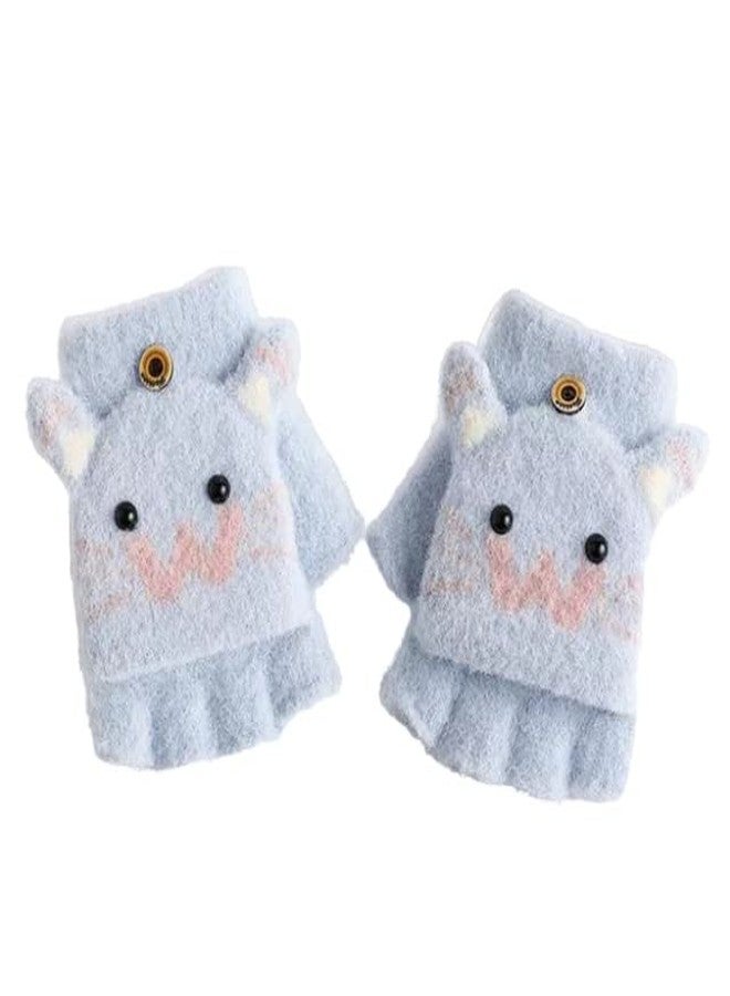 CHACKO Baby Winter Gloves Cute Cotton 2-In-1 Half Finger & Full Cover Gloves Children Baby Girl Boy Kids Lovely Animal Warm Mittens Knitted Gloves_Blue,(1-2 Year) - Image 1