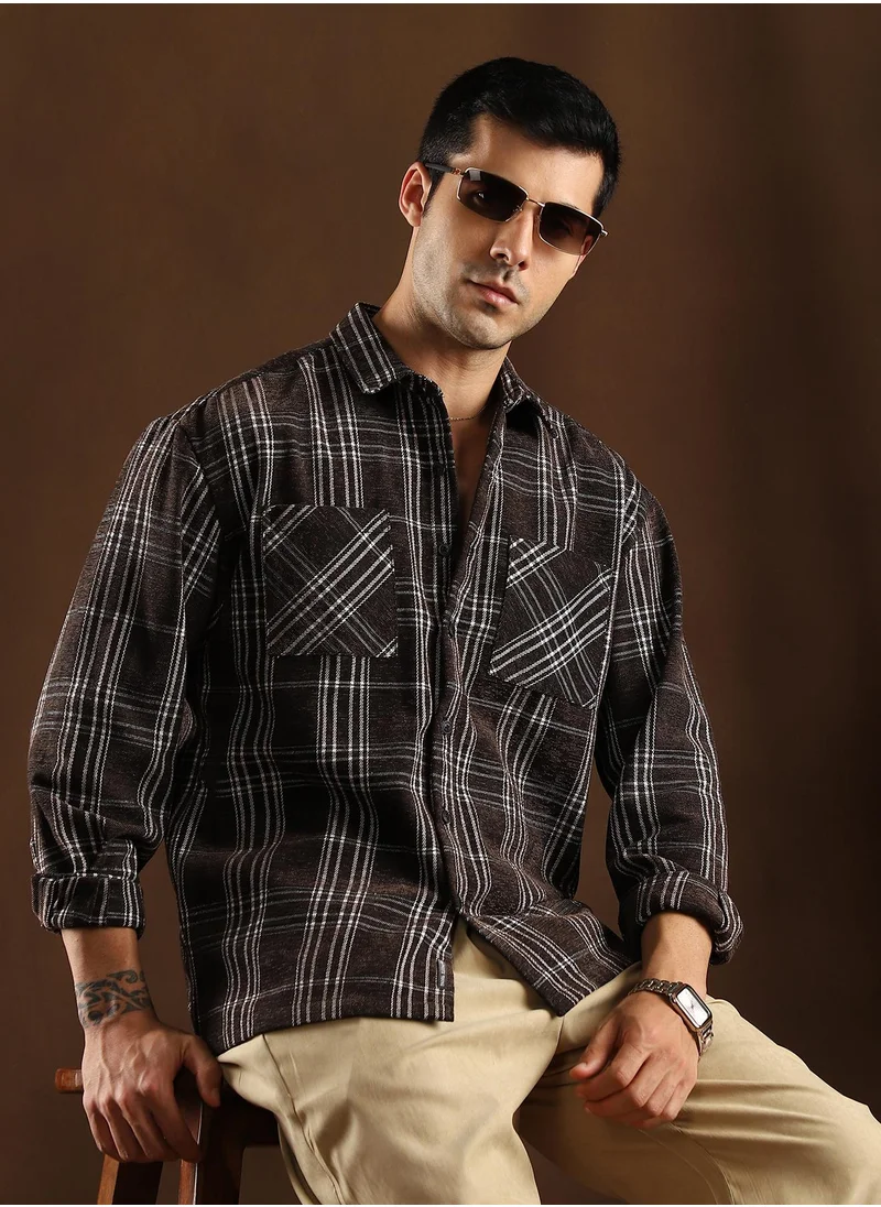 Campus Sutra Campus Sutra Men's Midnight Black Multi-Check Utility Shacket For Casual Wear | Spread Collar | Long Cuffed Sleeves | Button Closure | Overshirt/Shacket Crafted With Comfort Fit For Everyday Wear