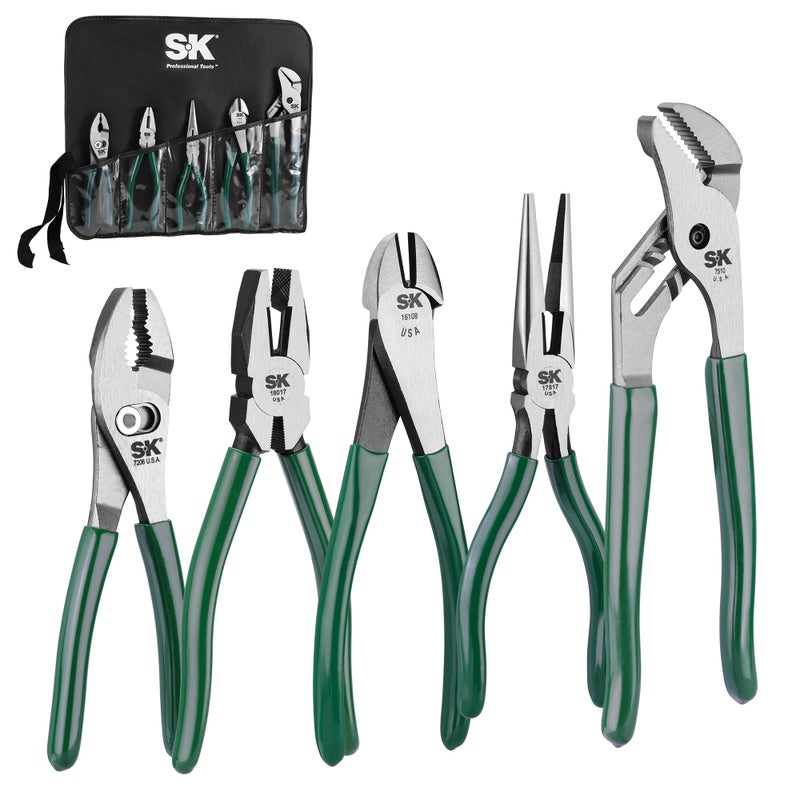 SK Tools USA 5Piece Pliers Set 6 Slip Joint 7 Linesman 8 Long Nose Diagonal Pliers and 10 Groove Joint High Carbon Steel with Rolling Pouch