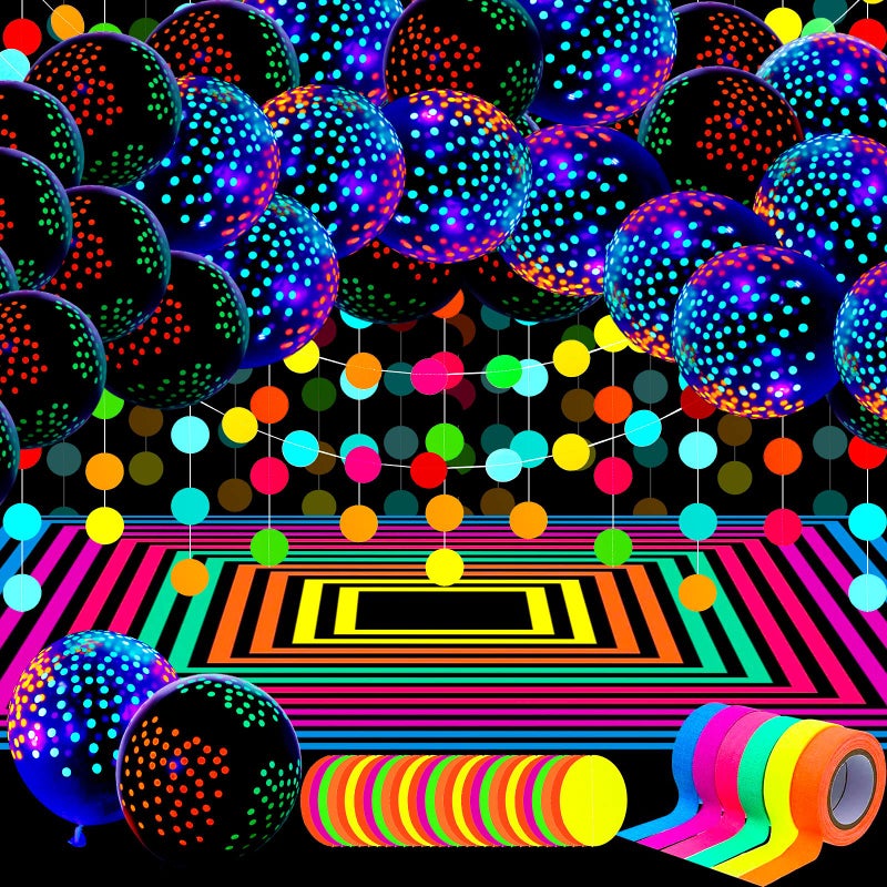 Skylety 32 Pcs Glow in The Dark Party Supplies Christmas Neon Party Favors with 25 Fluorescent Balloon 6 Rolls 98.4 ft UV Blacklight Luminous Tape 14.4 ft Neon Streamer Garland for Adults(Bright Dot) - Image 1