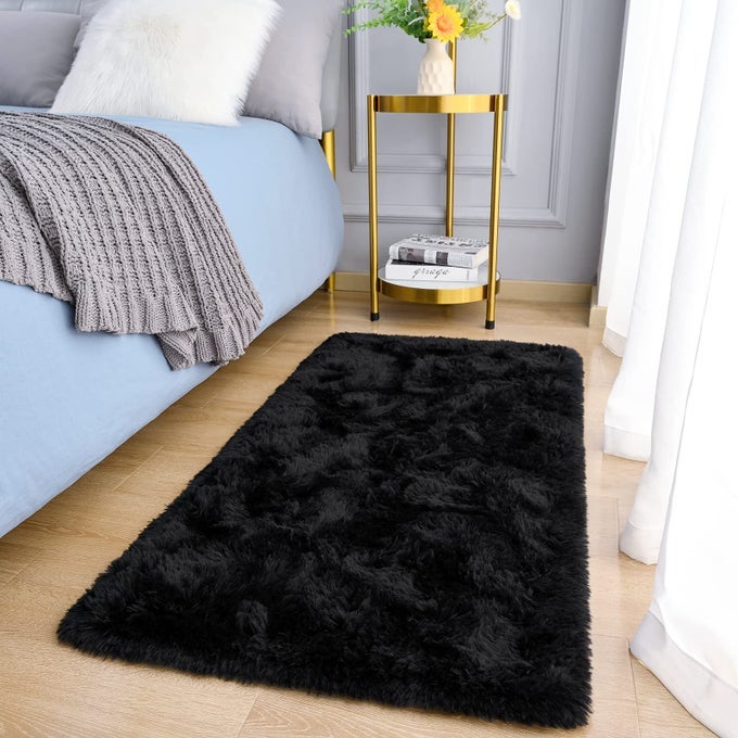 SHAG FLUFFY SMALL RUG 2X4 FEET THROW RUGS FOR BEDROOM GIRLS LIVING ROOM EXTRA SOFT AND FUZZY SHAGGY CARPET NON SLIP SOLID COLOR NURSERY HOME FLOOR DECOR CARPETS BLACK