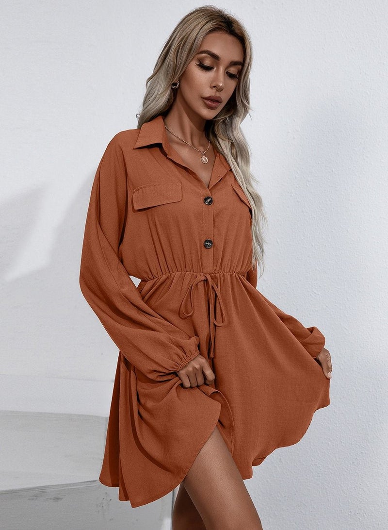 Loquat Lace Up Waist Slim Long Sleeve Shirt Dress Brown - Image 3