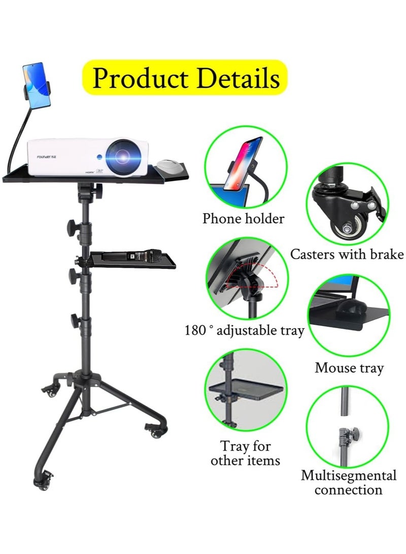 Hihonor Projector Stand with Wheels,Height Adjustable Laptop Tripod Stand,Rolling Laptop Stands with Mouse Tray,Phone Holder and Storage Tray for Office,Studio,Stag  - Image 2