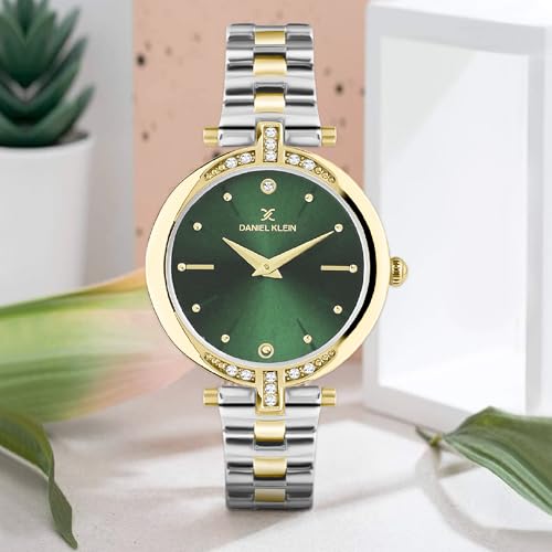 Daniel Klein Analog Green Round Dial Two Tone Silver Gold Metal Strap Stone-Studded Water-Resistant Wrist Watch for Women Girls, Ladies DK.1.12320-8 - Image 2