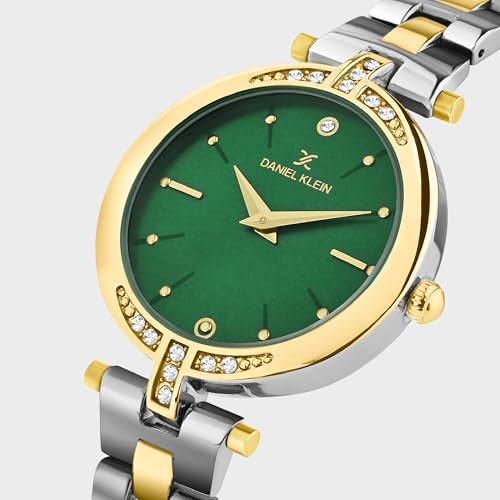 Daniel Klein Analog Green Round Dial Two Tone Silver Gold Metal Strap Stone-Studded Water-Resistant Wrist Watch for Women Girls, Ladies DK.1.12320-8 - Image 3