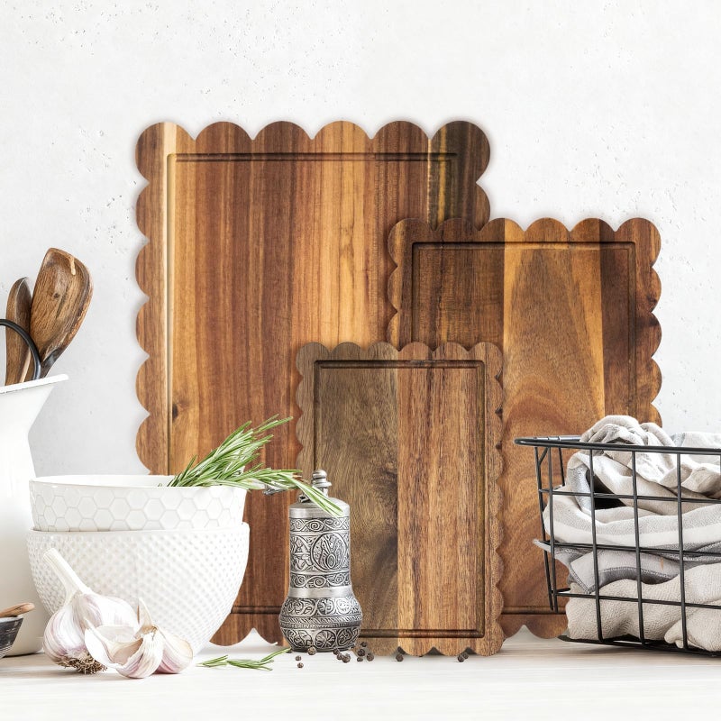 Entrirolly 3 Pcs Acacia Wood Scalloped Cutting Boards Set, Decorative Cutting Boards Wooden Charcuterie Board for Grandmillenial Cottage Core Decor Kitchen Cheese Meat Fruit Bread Chopping Blocks - Image 1