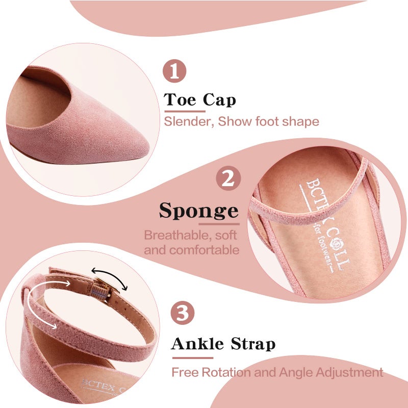 BCTEX COLL Womens Pointed Toe Pumps Shoes Ankle Strap Chunky Low Heels Metal Lined Sandals Designed for Women(pi9) Pink - Image 5