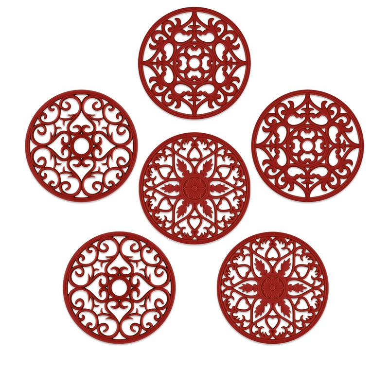 SMARTAKE 6 Set Silicone Trivets MultiUse Carved Trivet Insulated NonSlip Durable Kitchen Mats Flexible Modern Kitchen Table Mat for Hot Dishes Pots Dining Countertop Red